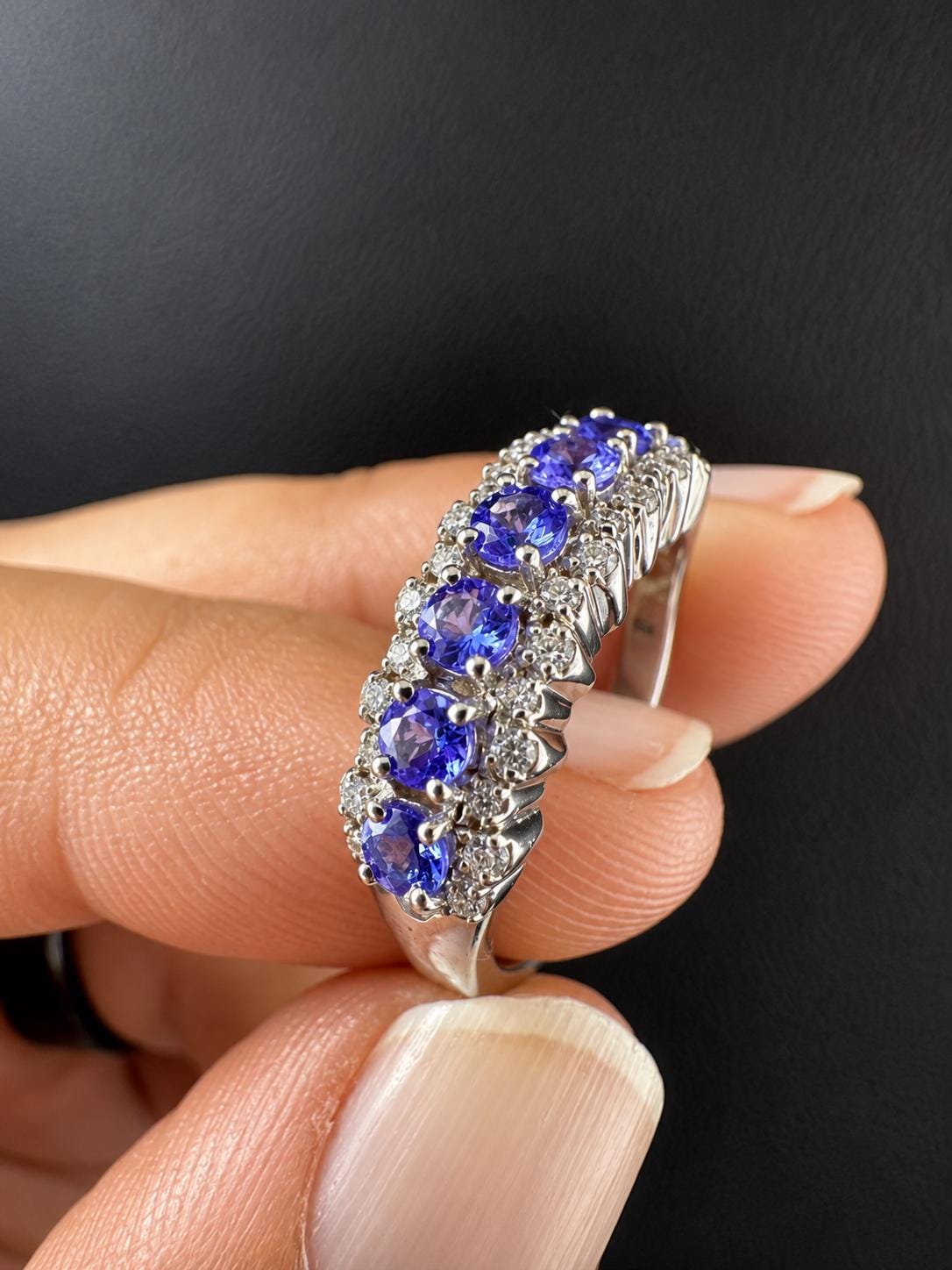 Elegant Tanzanite Moissanite Band Ring | 14K White Gold, December Birthstone Jewelry