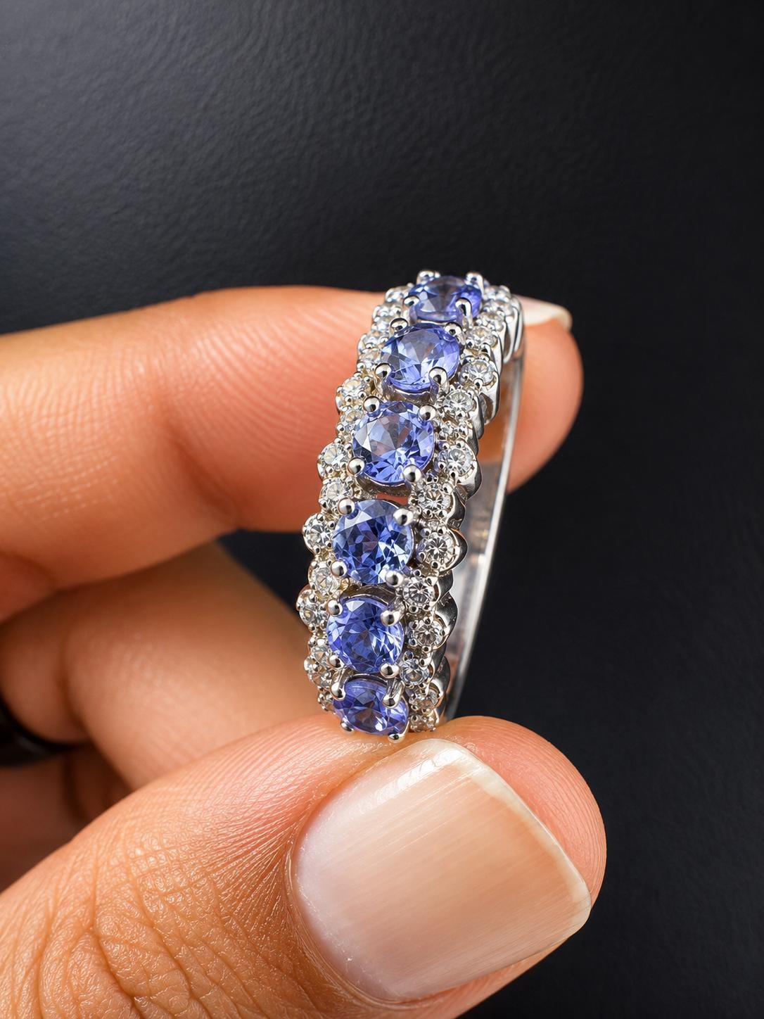 Elegant Tanzanite Moissanite Band Ring | 14K White Gold, December Birthstone Jewelry