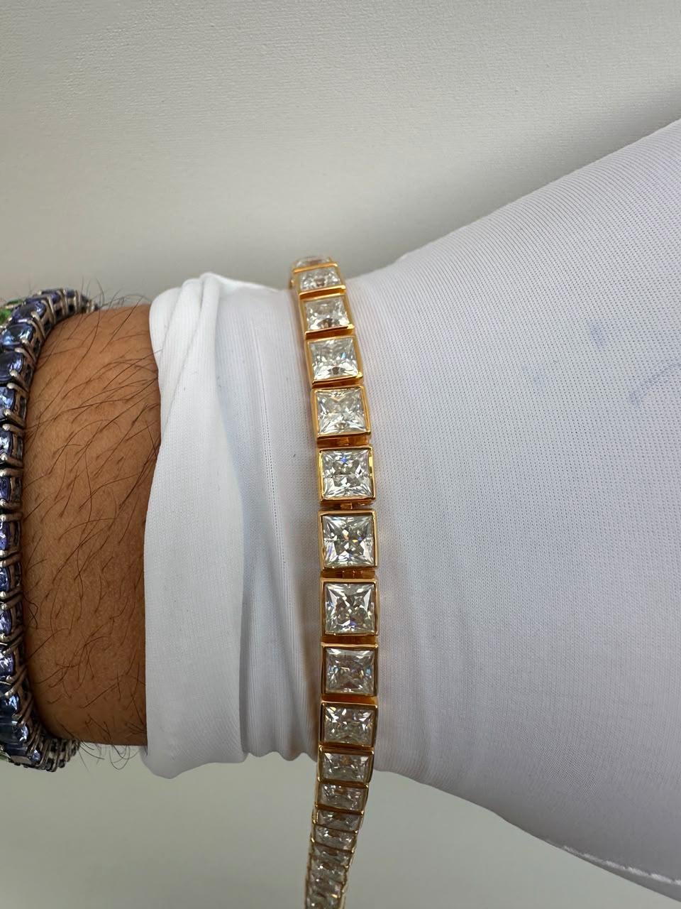 Men's Moissanite Tennis Bracelet, 14K Yellow Gold Sterling Silver, Princess Cut Bezel, 14 CT