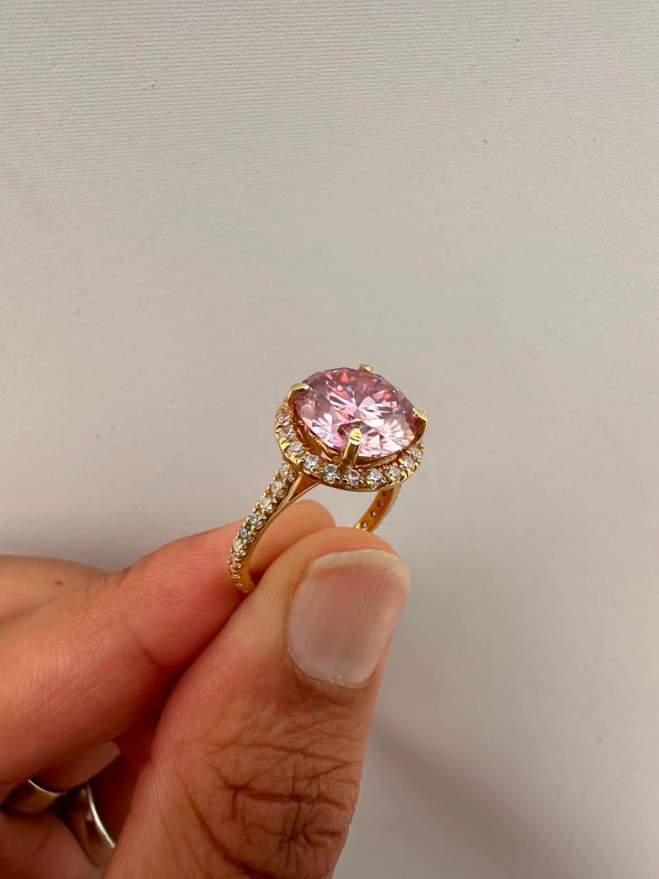 5 CT Pink Round Moissanite Halo Ring, 14K Yellow Gold Pavé Band Engagement Ring