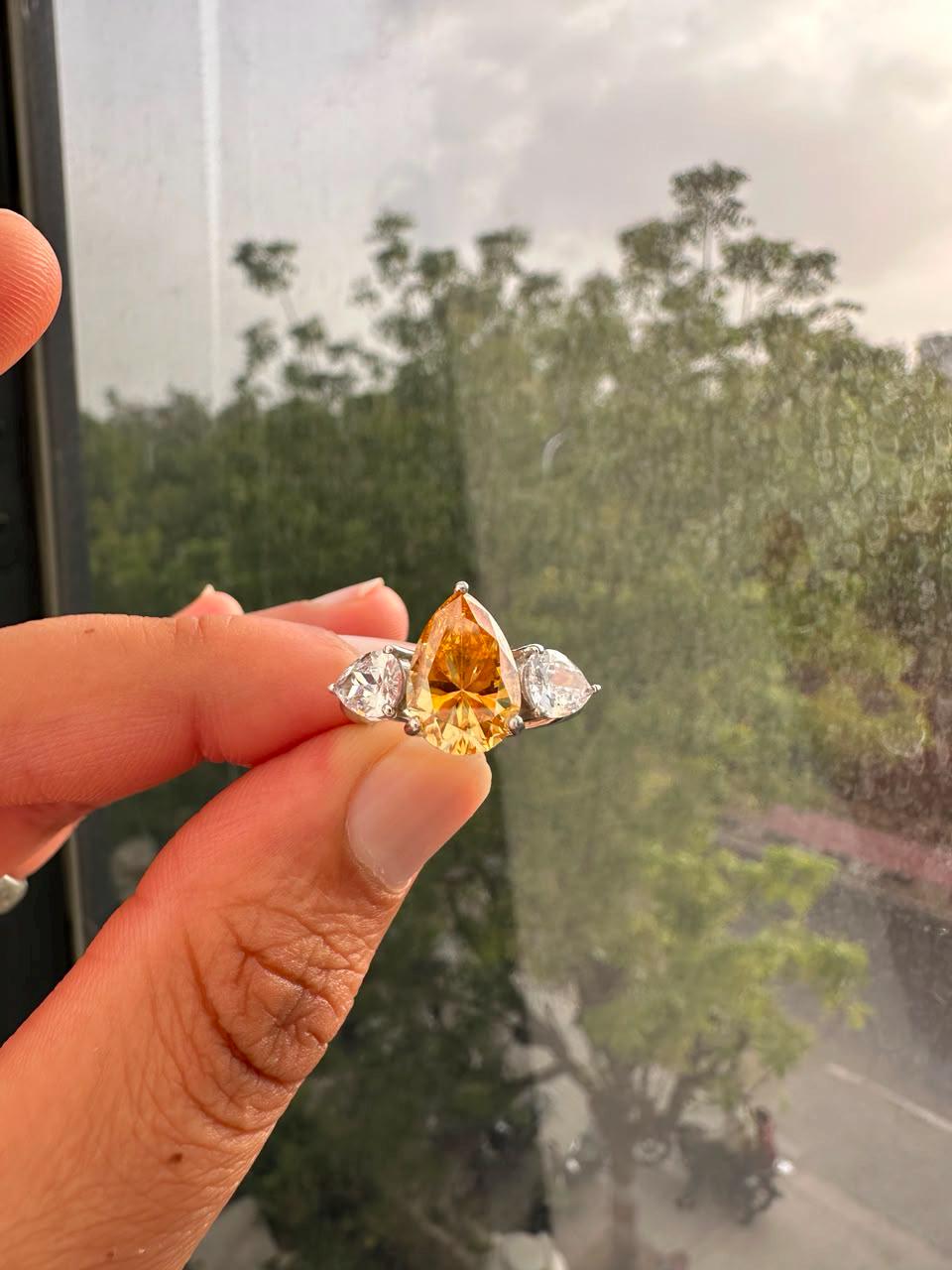 4 CT Pear Cut Yellow Moissanite Engagement Ring, 14K White Gold Three Stone Ring