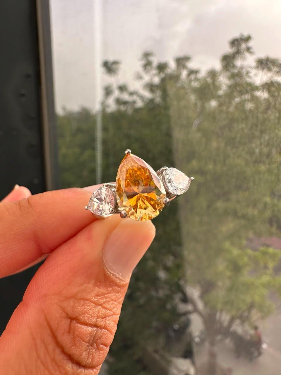 4 CT Pear Cut Yellow Moissanite Engagement Ring, 14K White Gold Three Stone Ring