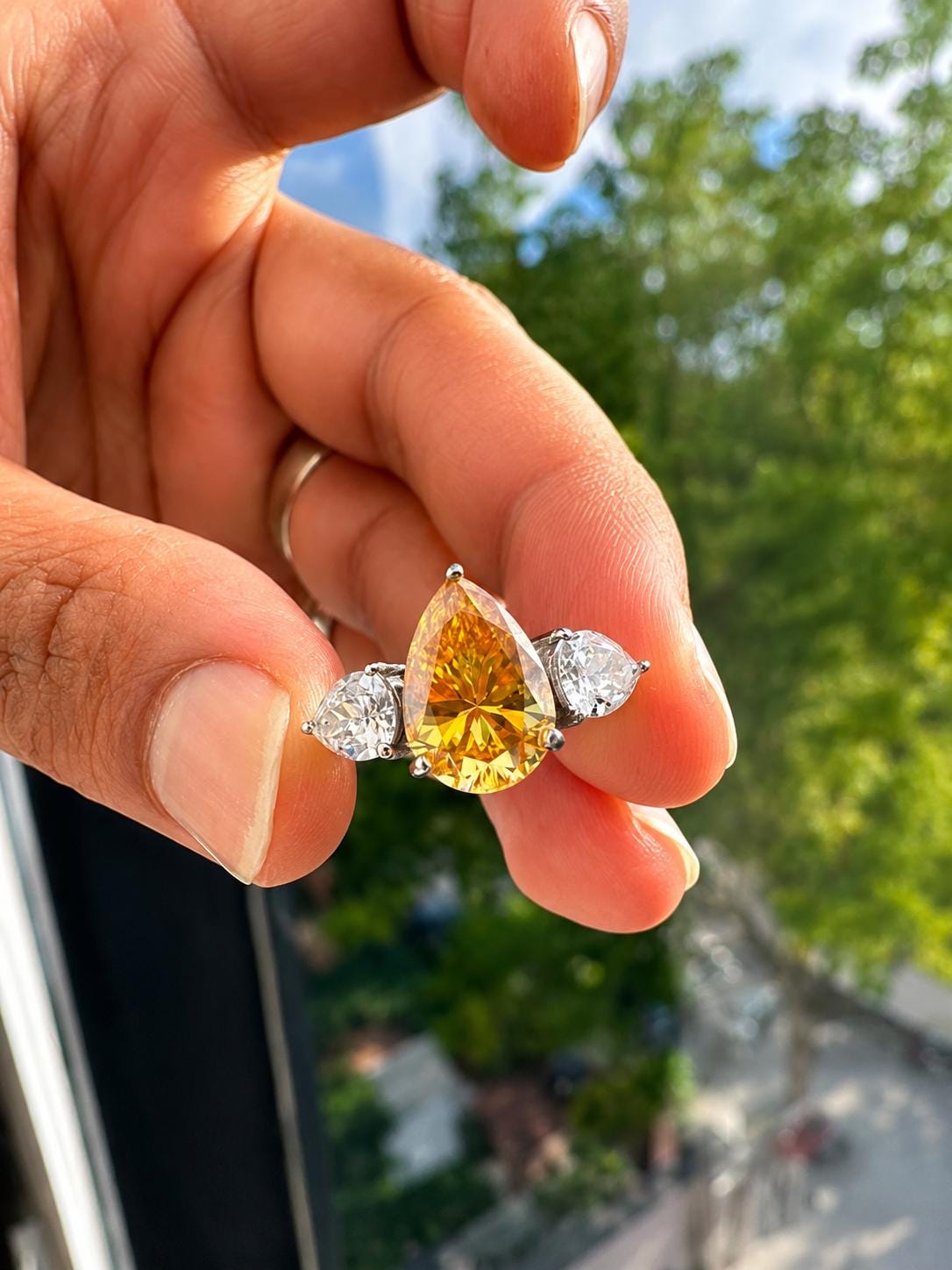 4 CT Pear Cut Yellow Moissanite Engagement Ring, 14K White Gold Three Stone Ring