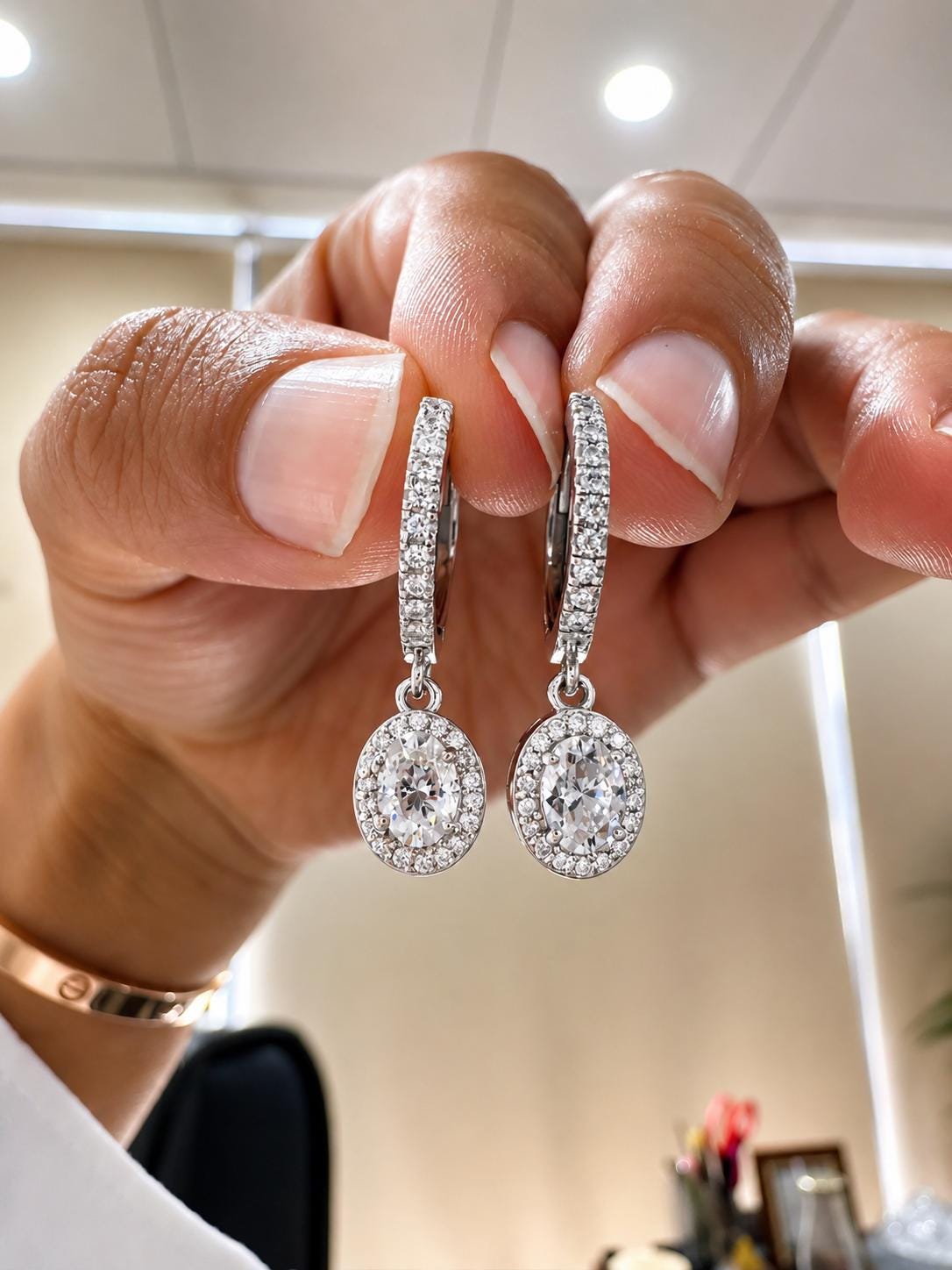 Oval Moissanite Halo Drop Hoop Earrings | 14k Gold Vermeil, Birthday Gift for her
