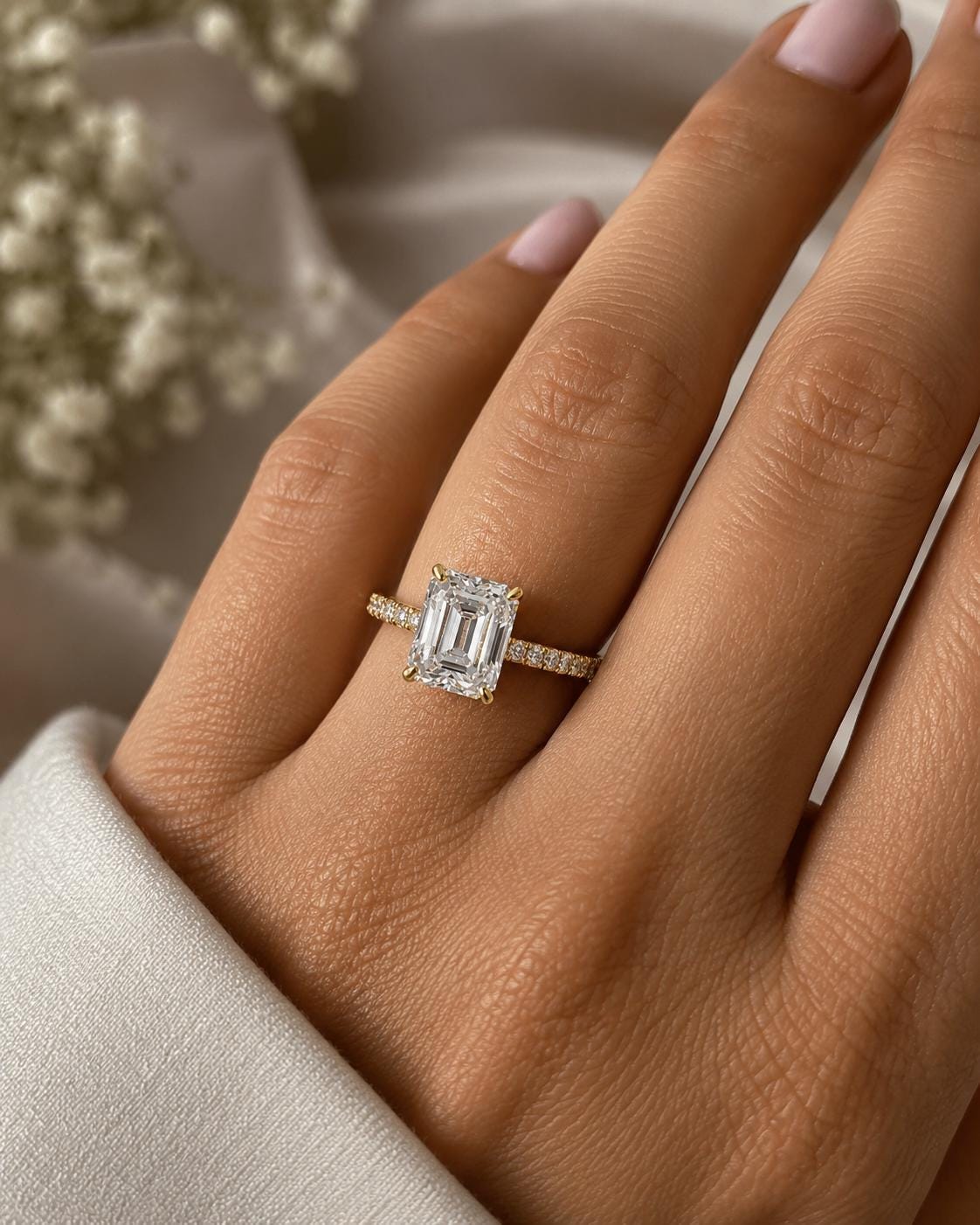 Emerald Moissanite Engagement Ring | 14K Yellow Gold Hidden Halo Pavé Band