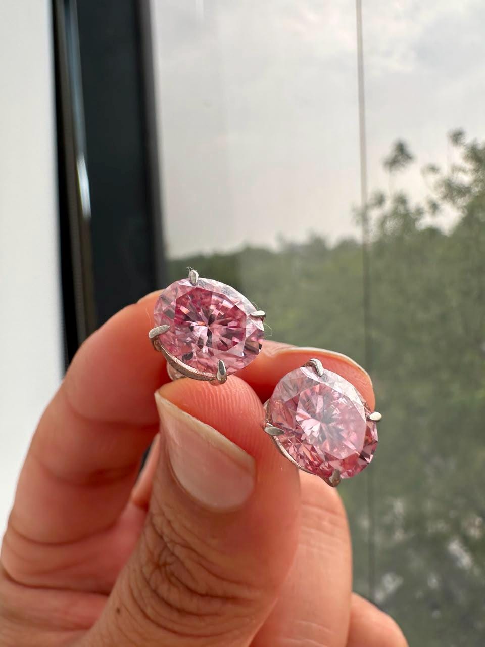 8 CT Oval Pink Moissanite Stud Earrings, 14K White Gold, Anniversary gift for her