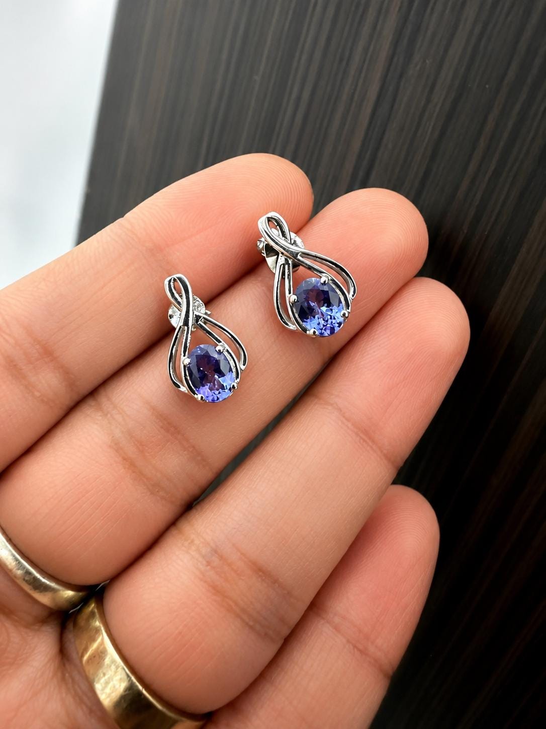 Oval cut Tanzanite Infinity Stud Earrings | 14K White Gold, December Birthstone Jewelry