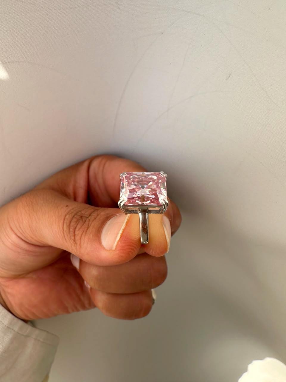 7 CT Radiant Pink Moissanite Engagement Ring, 14K White Gold Solitaire (Double Claw)