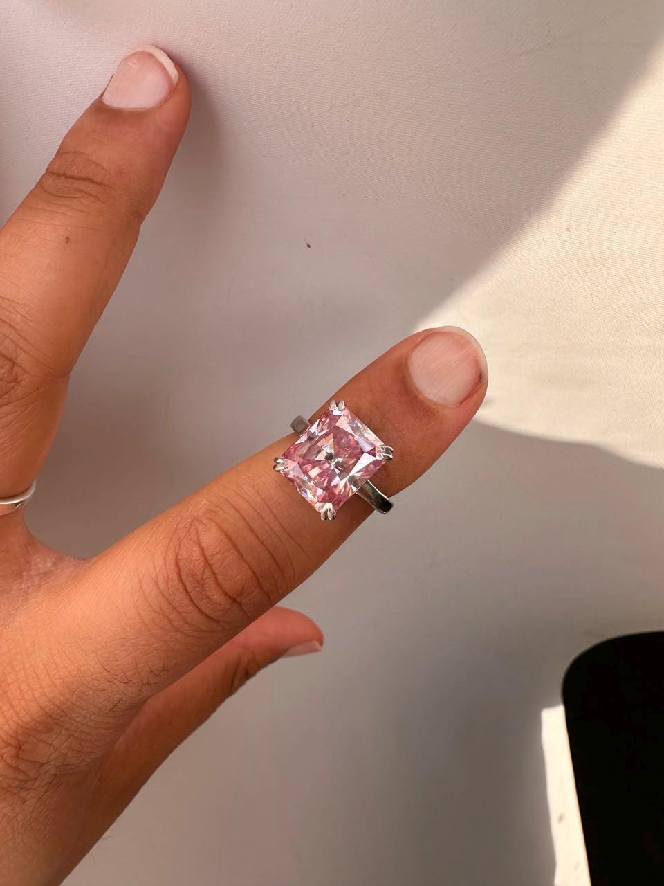 7 CT Radiant Pink Moissanite Engagement Ring, 14K White Gold Solitaire (Double Claw)
