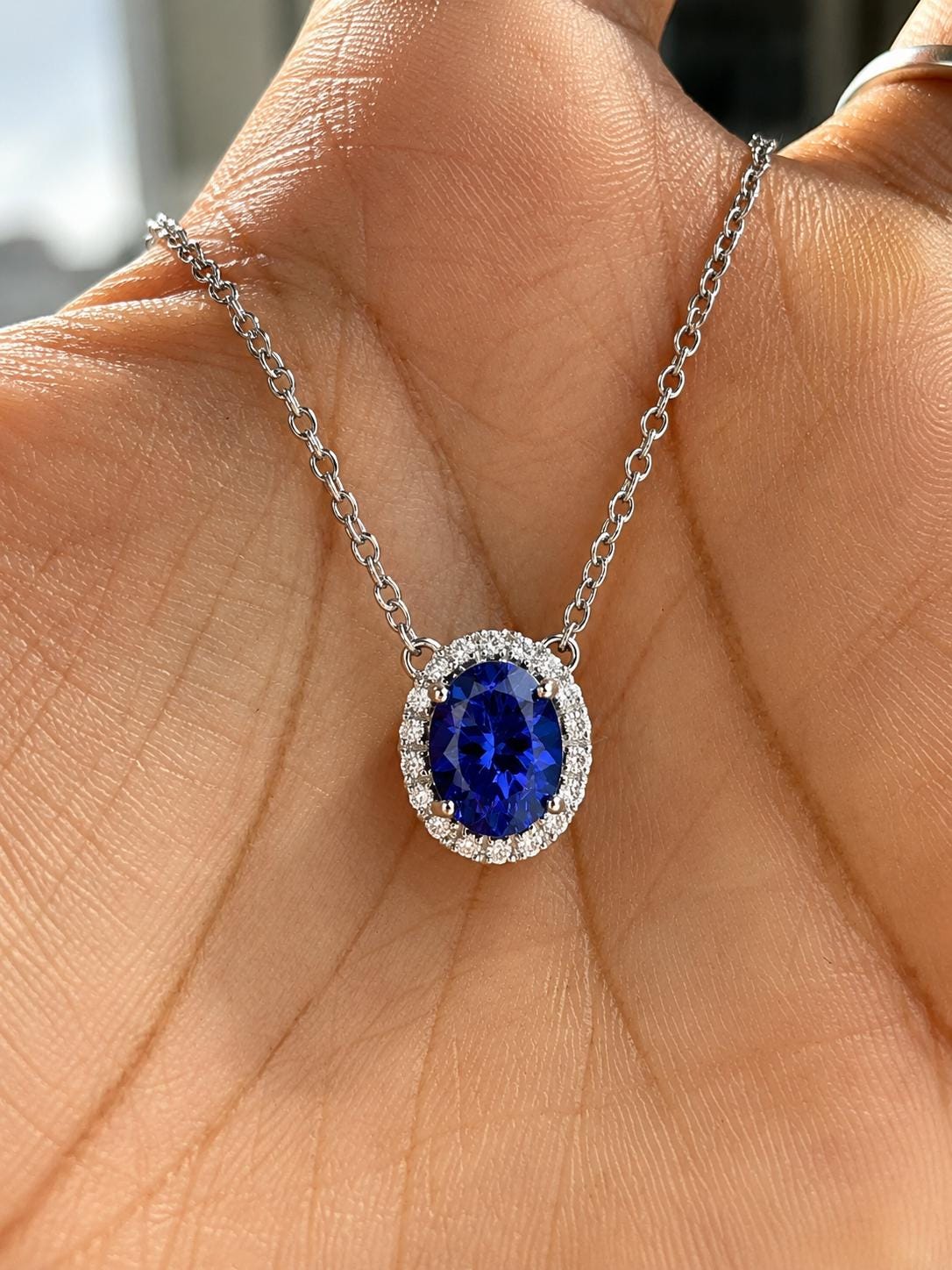Natural Tanzanite Halo Pendant | 14k White Gold Moissanite Necklace