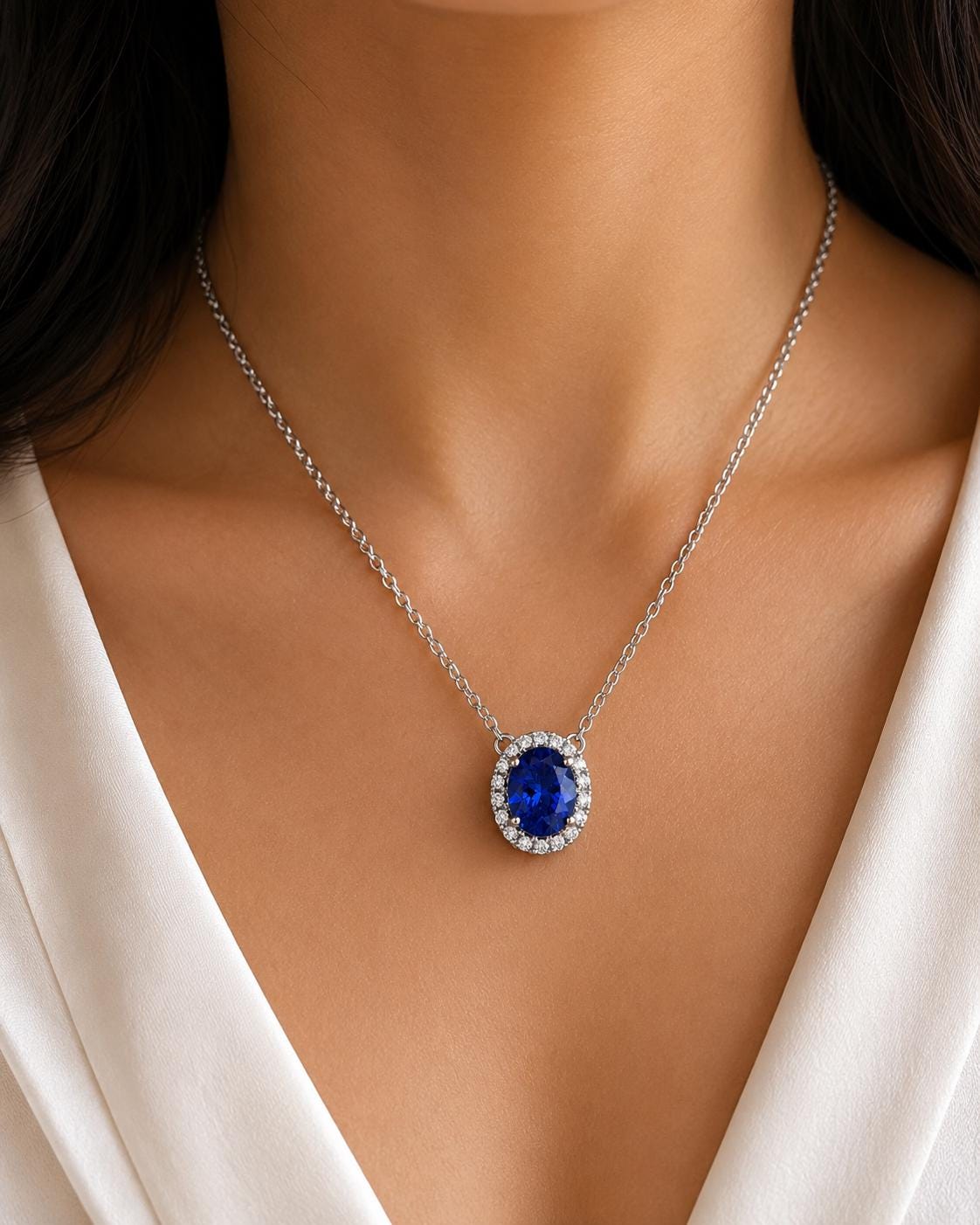 Natural Tanzanite Halo Pendant | 14k White Gold Moissanite Necklace