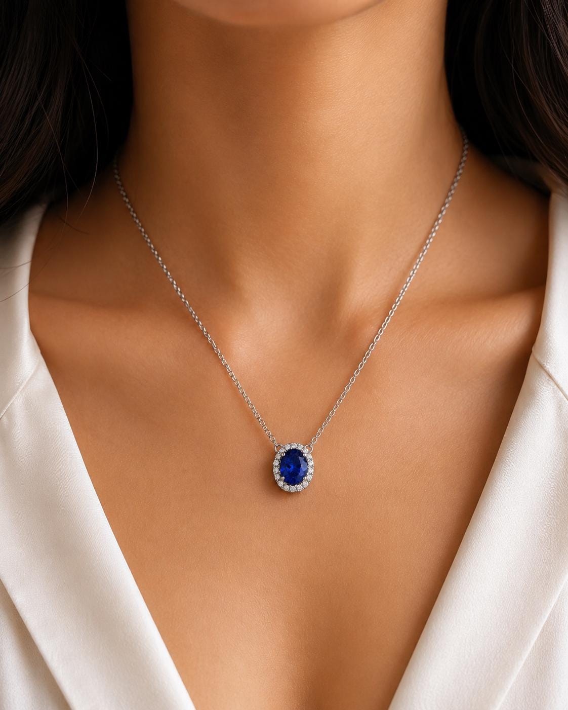 Natural Tanzanite Halo Pendant | 14k White Gold Moissanite Necklace