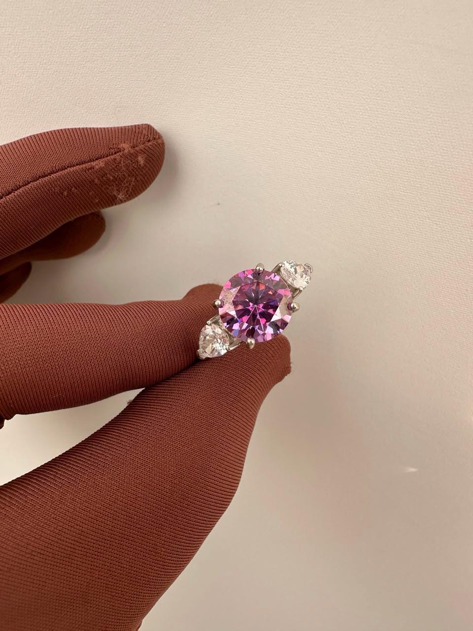 5 CT Round Lavender Moissanite Engagement Ring, 14K White Gold Three Stone Ring