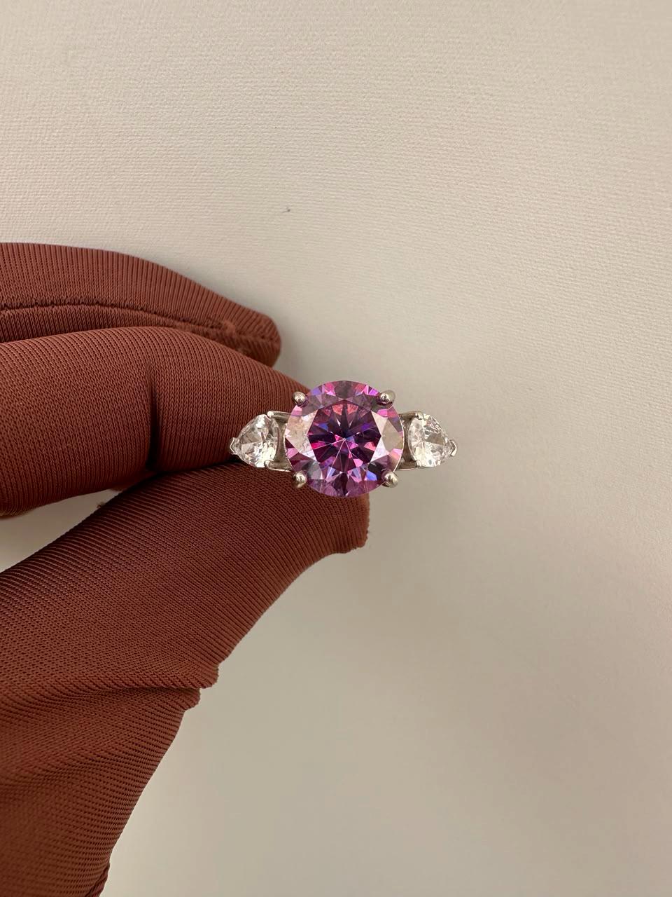 5 CT Round Lavender Moissanite Engagement Ring, 14K White Gold Three Stone Ring