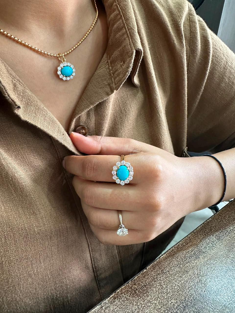 14K Gold Sleeping Beauty Turquoise Pendant, Moissanite Halo Necklace, Fine Jewelry Gift for Her