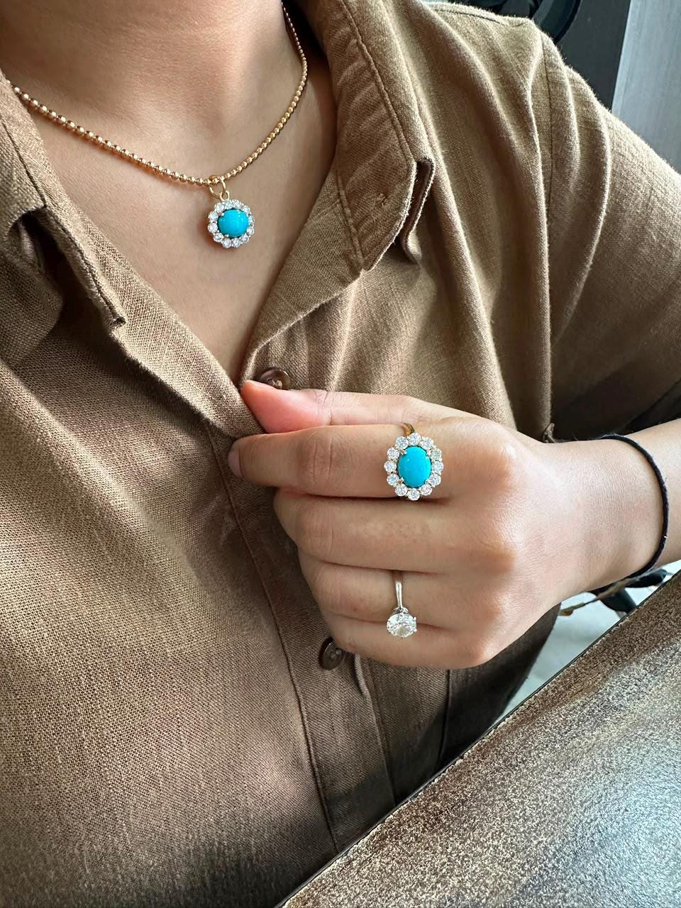 14K Gold Turquoise Pendant, Moissanite Halo Necklace, Christmas Gift for Her