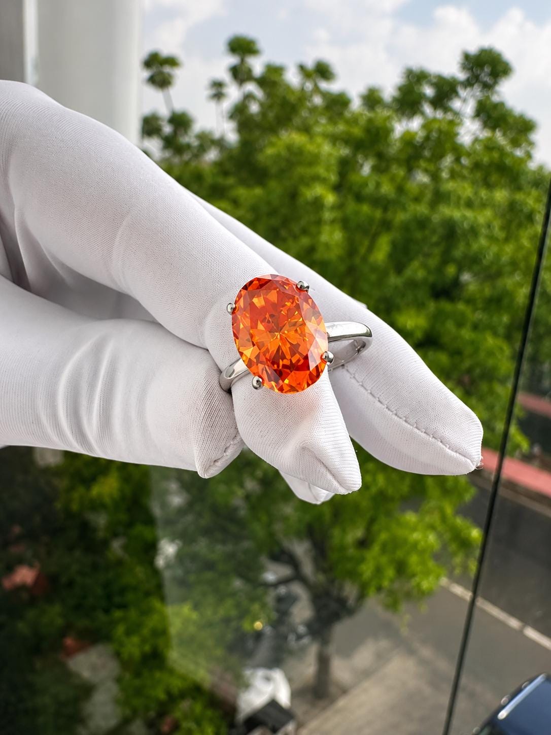 Fire Moissanite Engagement Ring | 14K White Gold | Luxury Cocktail Ring for her