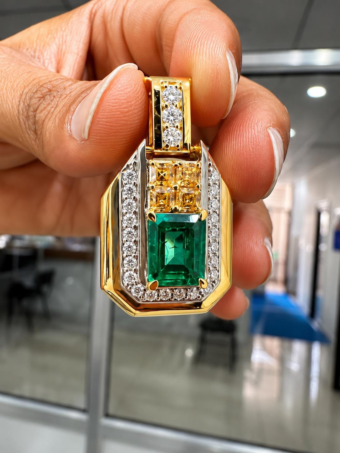 Vintage Emerald Diamond Pendant Necklace, 14K Yellow Gold, Luxury Gift for her