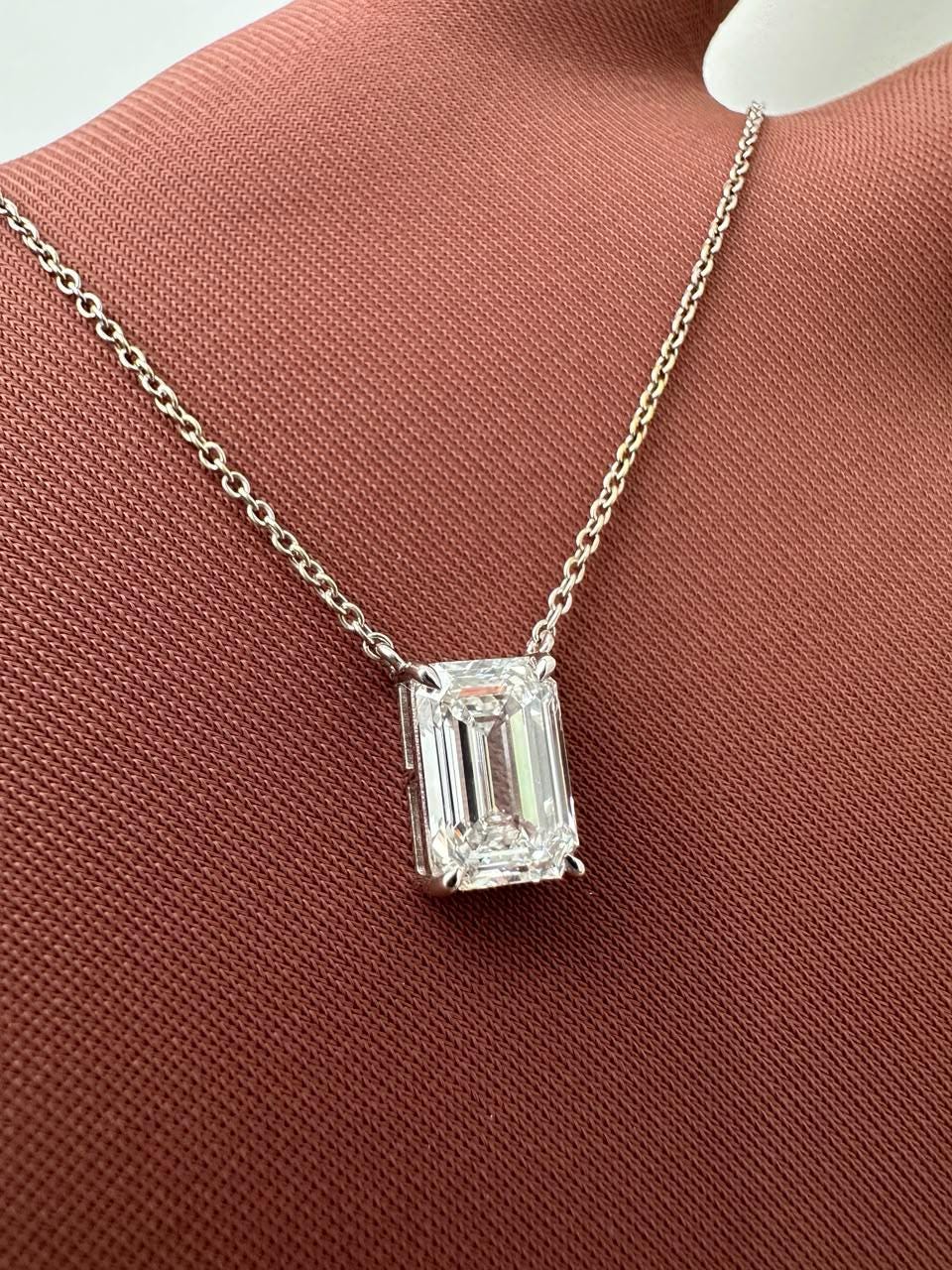 IGI Certified Emerald Cut Lab Diamond Solitaire Pendant, 2.55 Carat, 14K White Gold Necklace