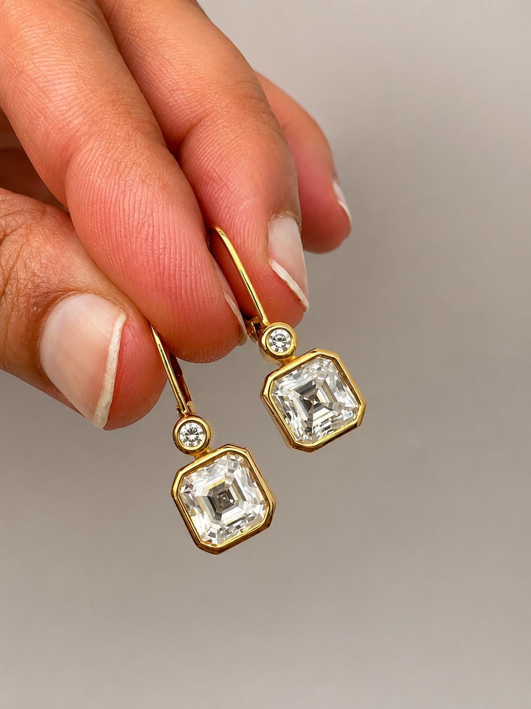 14K Gold Asscher Cut Moissanite Drop Earrings, Bezel Set Wedding Jewelry