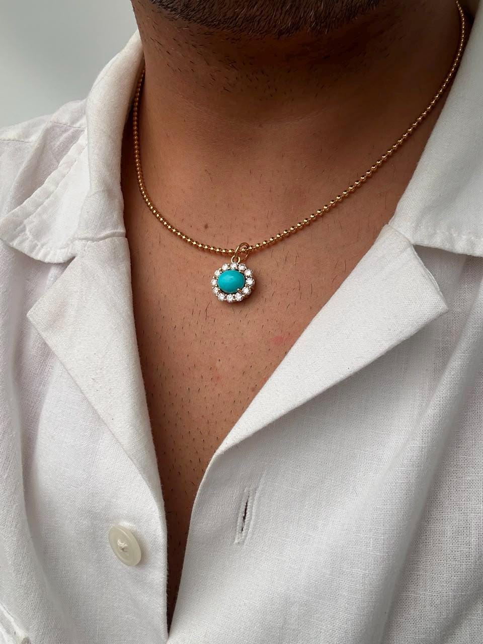 14K Gold Sleeping Beauty Turquoise Pendant, Moissanite Halo Necklace, Fine Jewelry Gift for Her