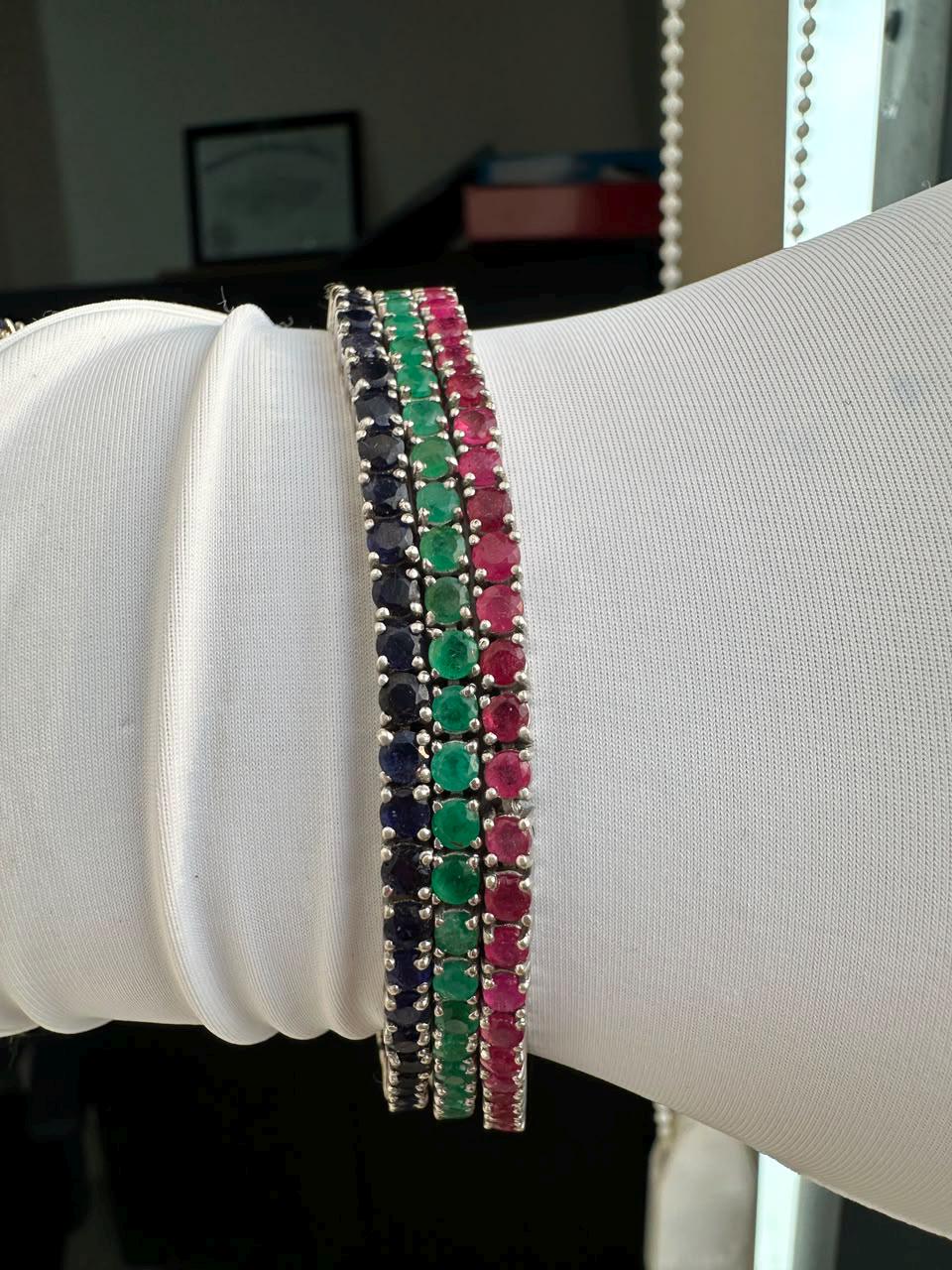 18 CT Ruby Emerald Sapphire Tennis Bracelet Stack | 14K White Gold, Gift for him