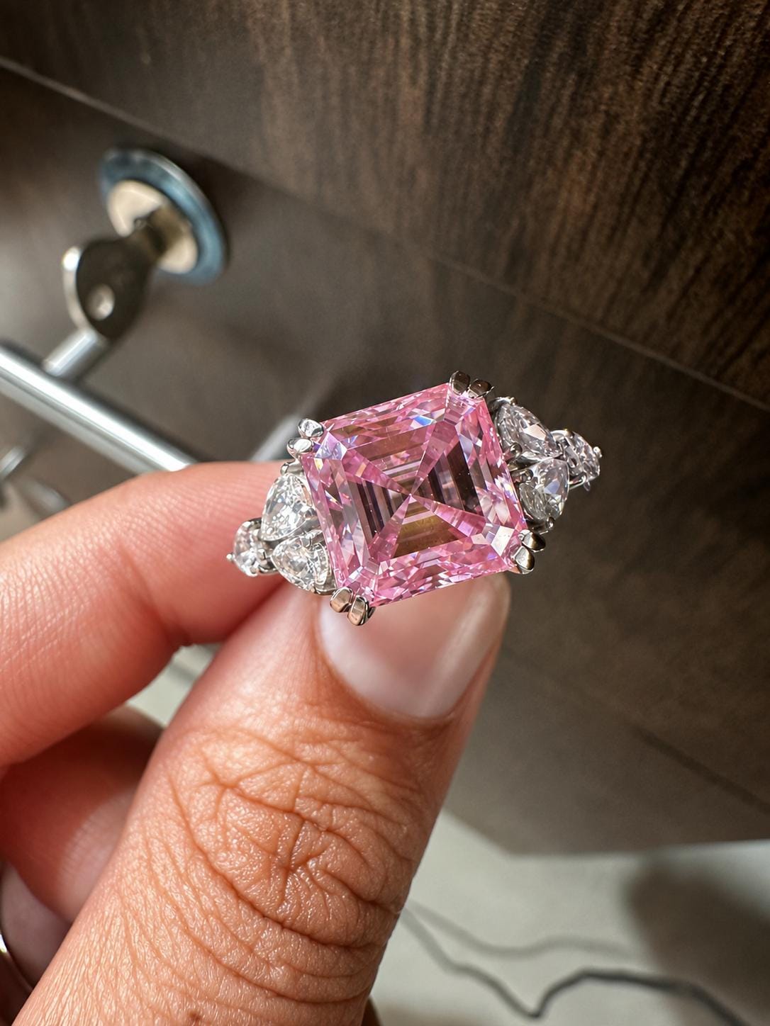 Pink Asscher Cut Moissanite Engagement Ring | 14K White Gold | Anniversary Gift for Her