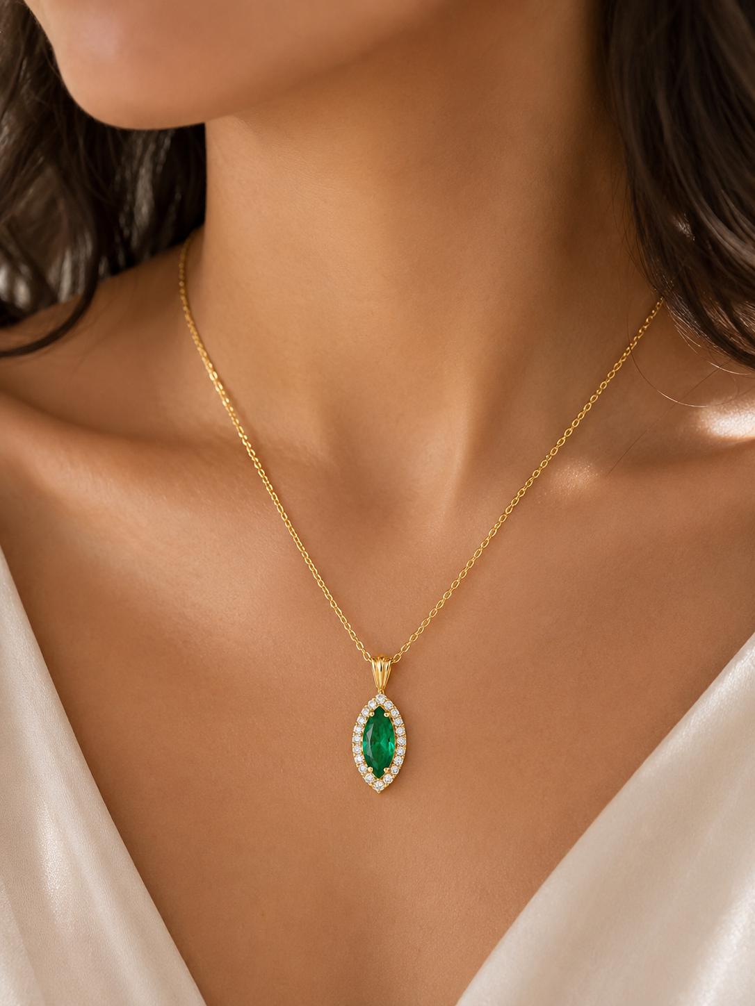 14K Gold Marquise Emerald Halo Pendant, 1.5 Ct Green Gemstone Necklace