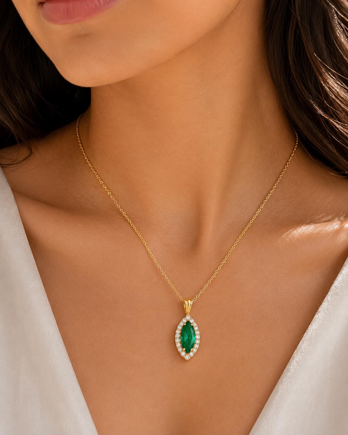 14K Gold Marquise Emerald Halo Pendant, 1.5 Ct Green Gemstone Necklace
