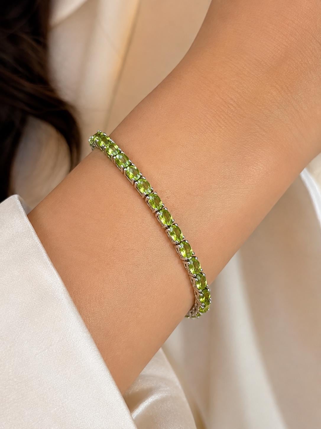 Natural Peridot 14k White Gold Tennis Bracelet, August Birthstone Jewelry, Anniversary Gift