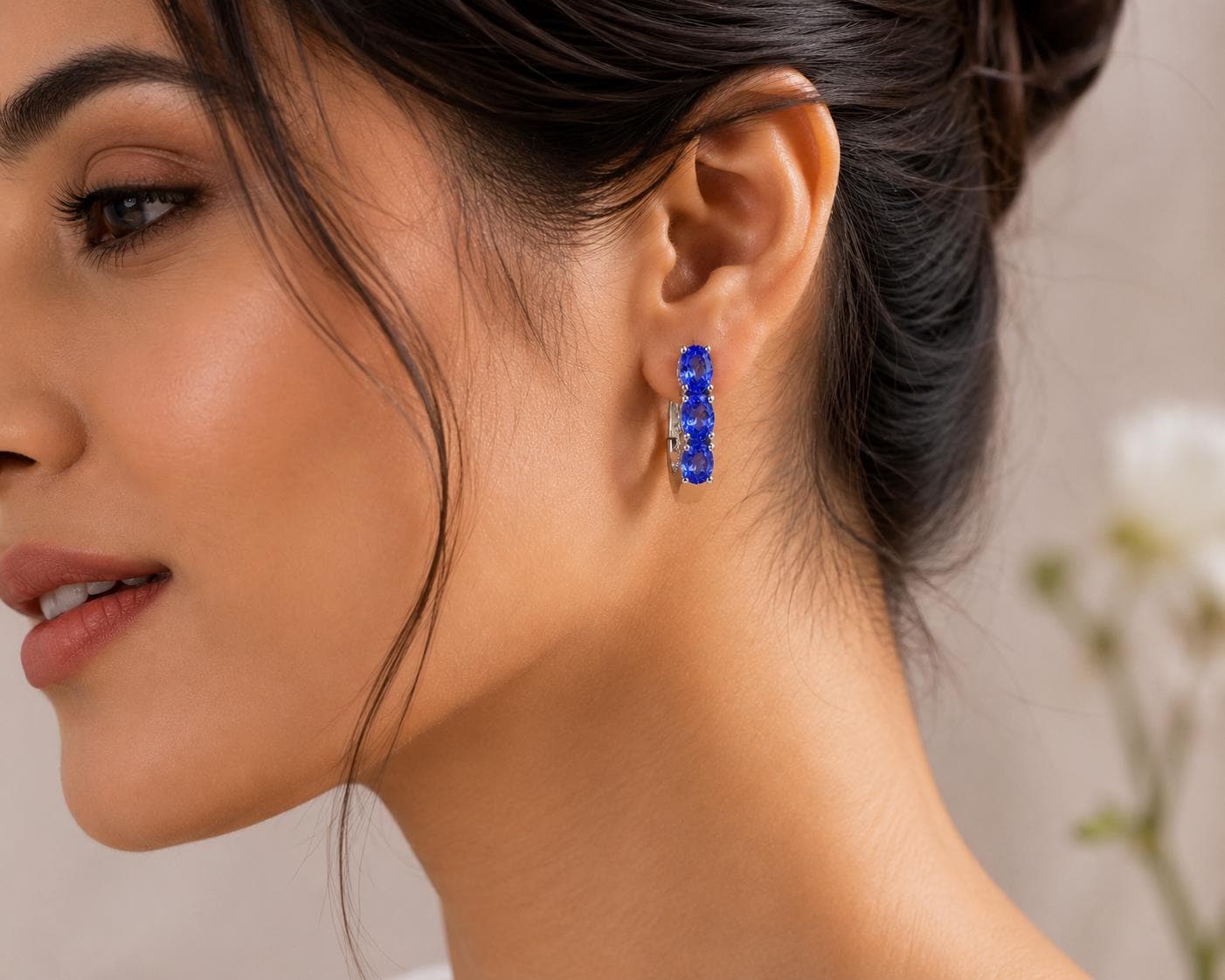 14k White Gold Tanzanite Huggies Hoop Earrings, December Birthstone, Gift for her