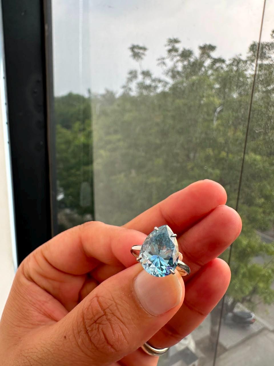 Pear cut Blue Moissanite Hidden Halo Engagement Ring | 14K White Gold, 7 Ct