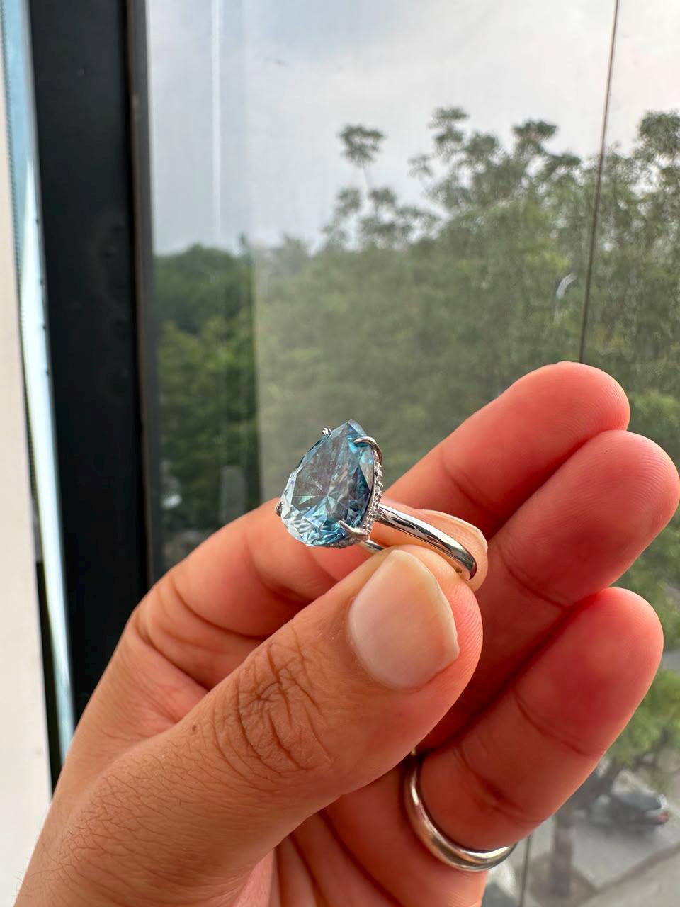 Pear cut Blue Moissanite Hidden Halo Engagement Ring | 14K White Gold, 7 Ct