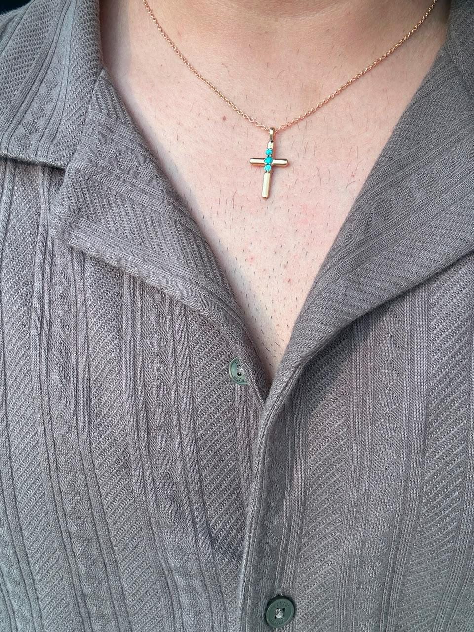 Turquoise Cross Pendant | 14K Yellow Gold Necklace | Jewelry Gift for Her or Him