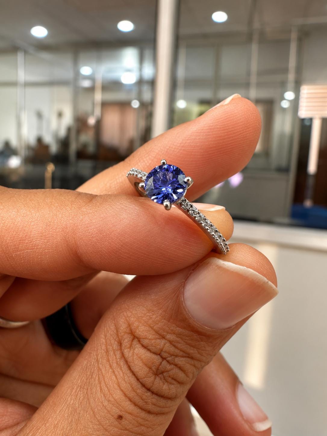 Round cut Tanzanite Diamond Engagement Ring | 14K White Gold | Anniversary Gift for her