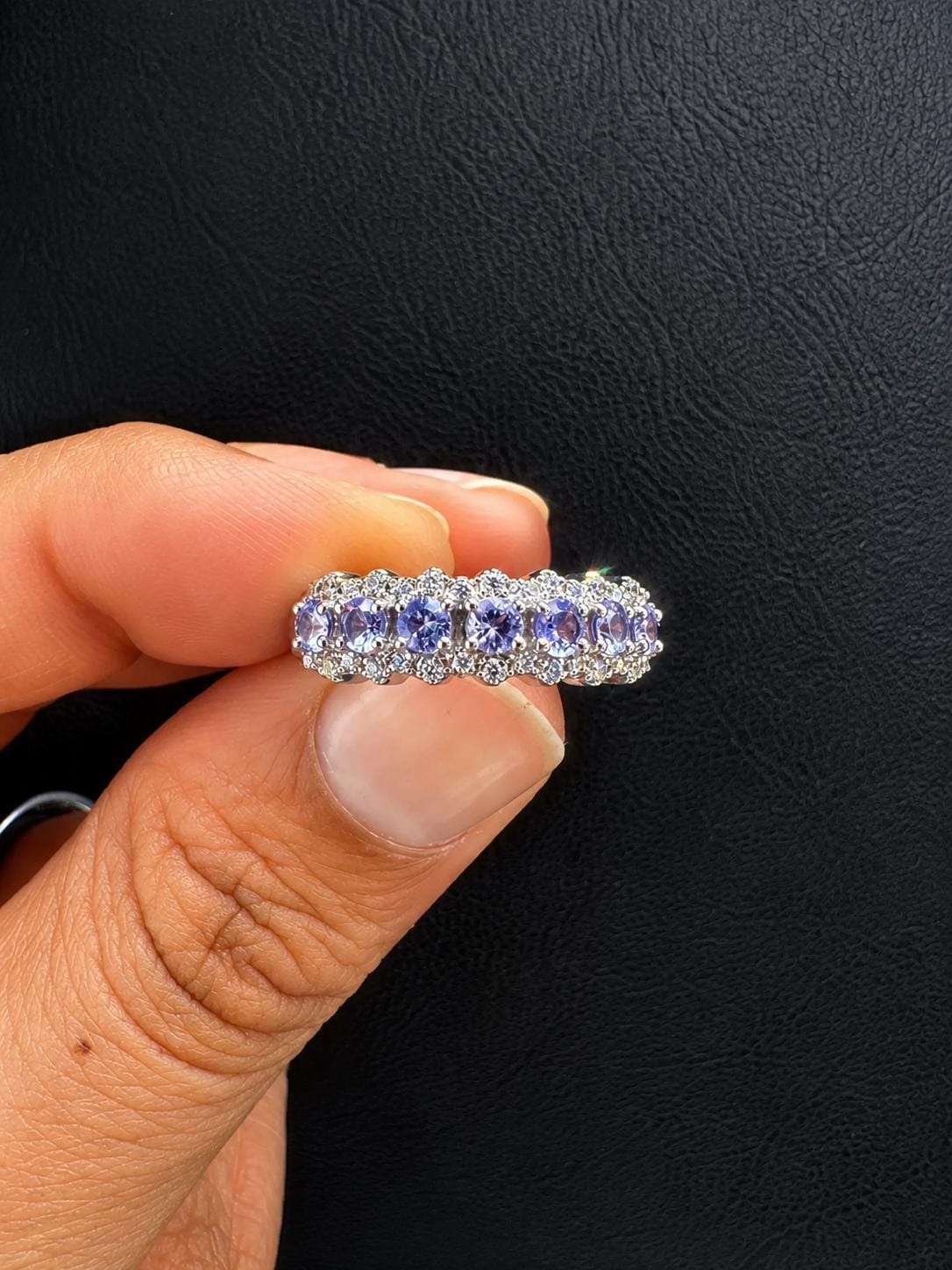 Elegant Tanzanite Moissanite Band Ring | 14K White Gold, December Birthstone Jewelry