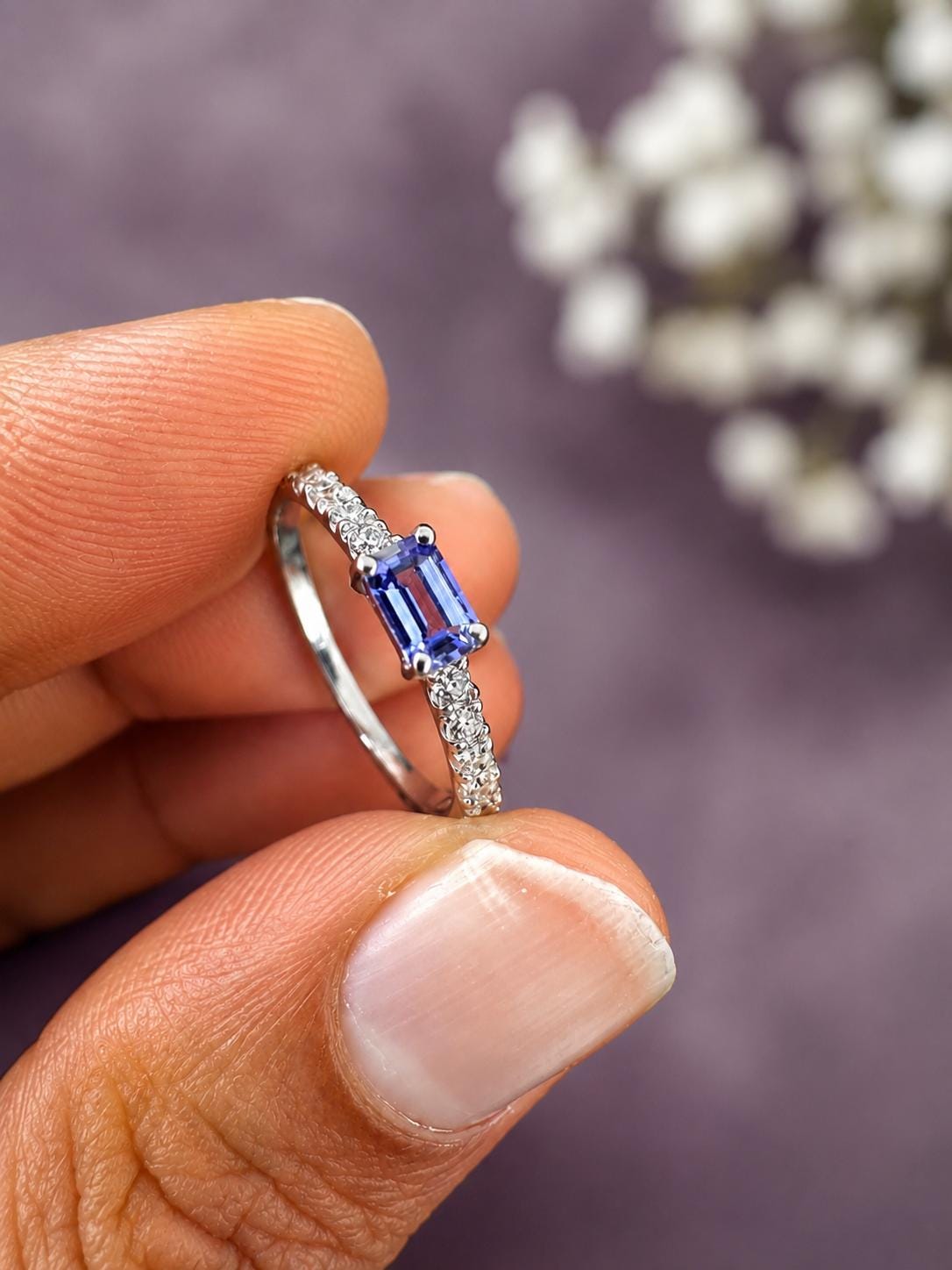 Baguette Cut Tanzanite Diamond Ring | 14K White Gold Minimalist Blue Violet Gemstone