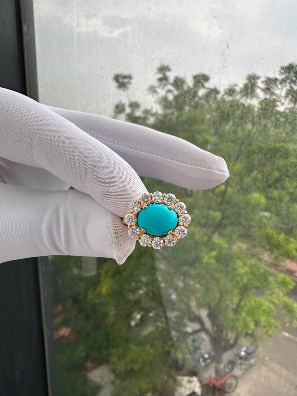 Sleeping Beauty Turquoise Engagement Ring | 14K Yellow Gold Moissanite Halo Ring | Fine Jewelry | Anniversary Gift for Her