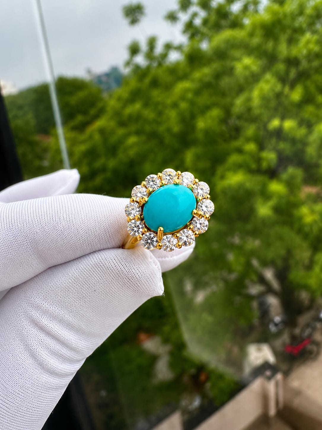 Sleeping Beauty Turquoise Engagement Ring | 14K Yellow Gold Moissanite Halo Ring | Fine Jewelry | Anniversary Gift for Her
