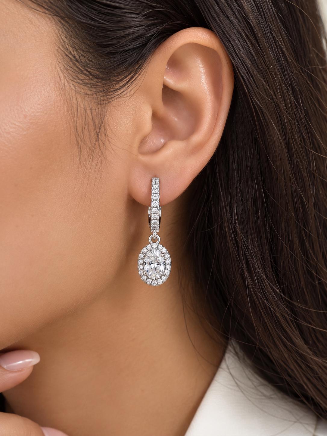 Oval Moissanite Halo Drop Hoop Earrings | 14k Gold Vermeil, Birthday Gift for her