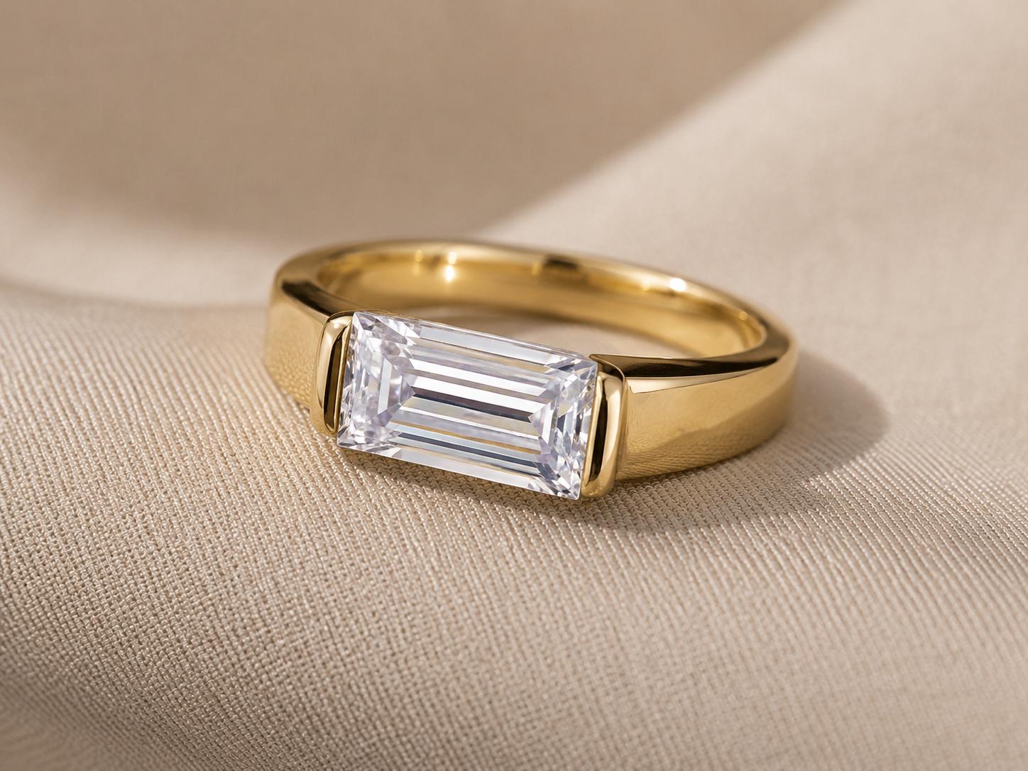 Men's Diamond Engagement Ring: 14K Yellow Gold Baguette cut Signet Ring, 2 CT