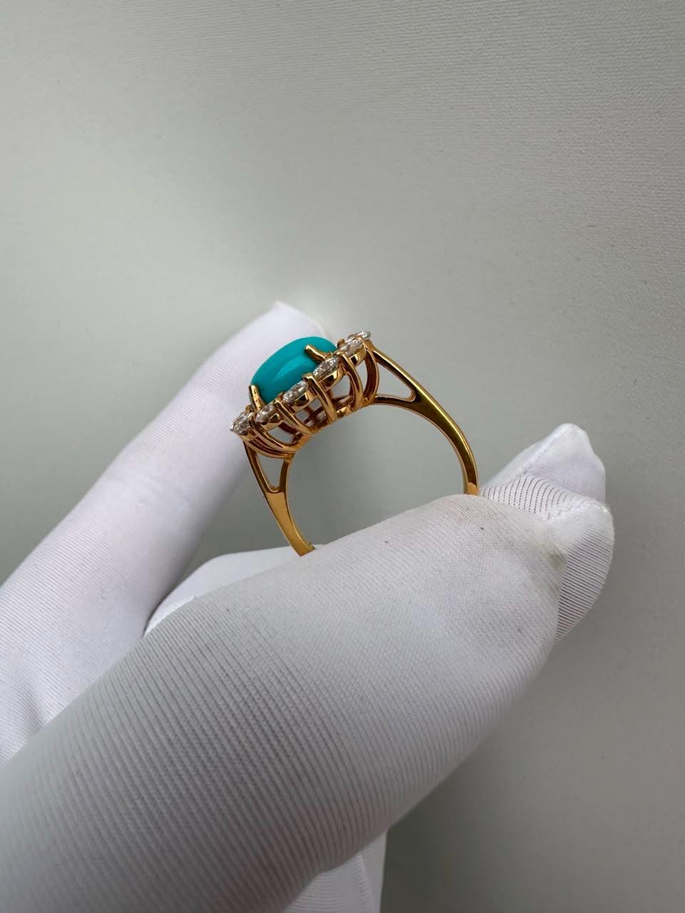 Natural Oval Turquoise Engagement Ring, 14k Yellow Gold, Moissanite Halo Accents