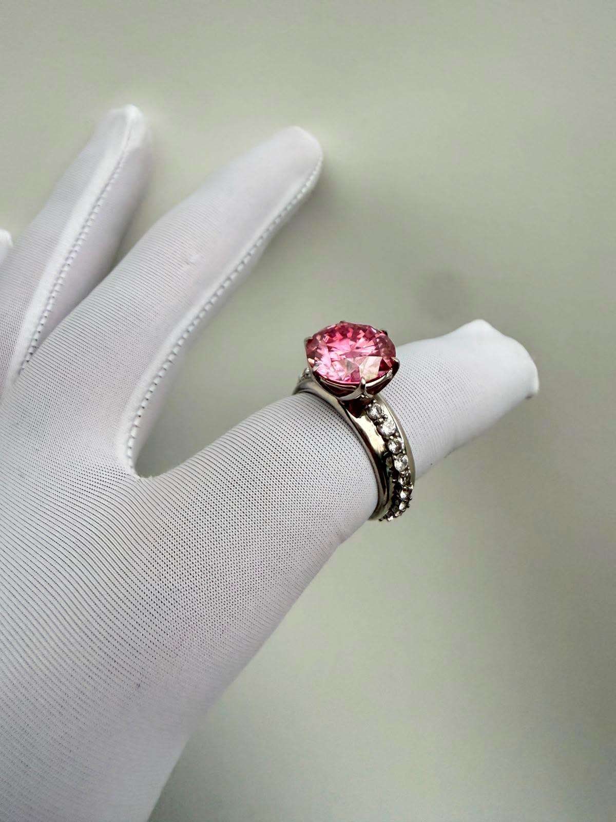 Pink Lotus Crown Engagement Ring | 5 CT Moissanite, 14K White Gold, Chunky Statement Band