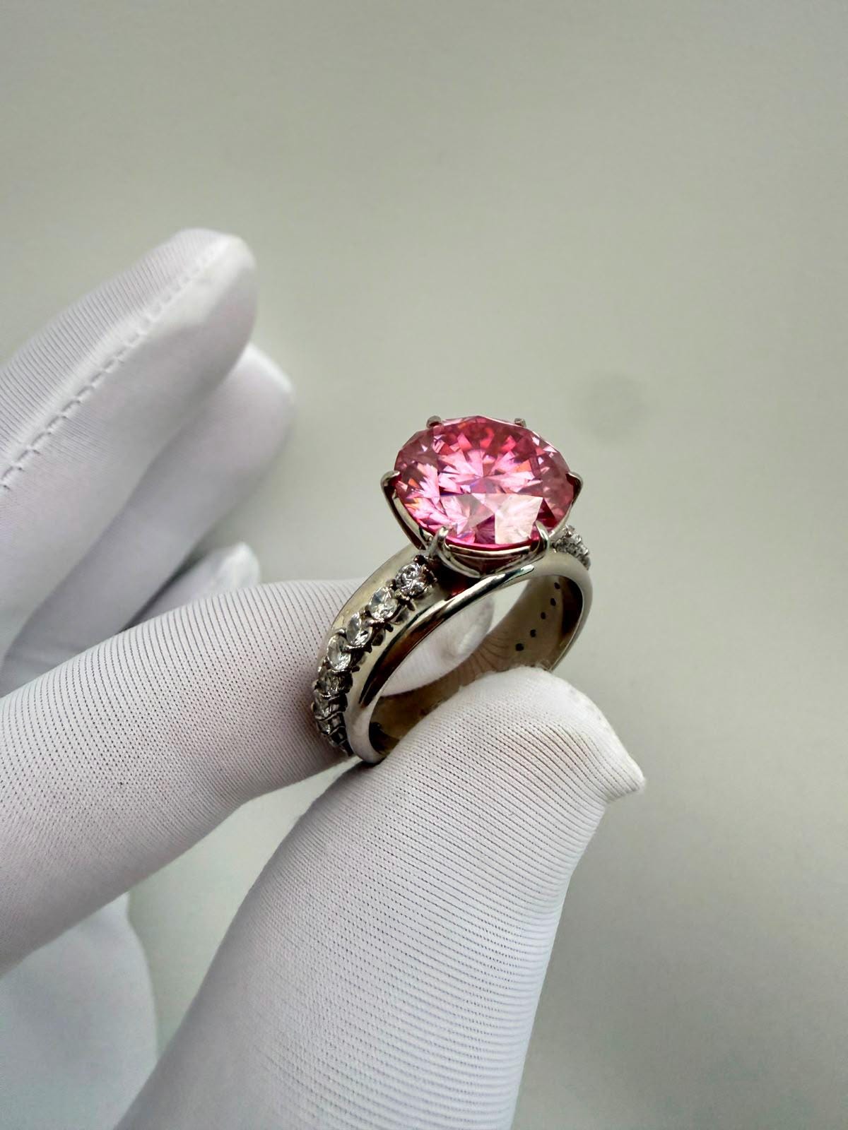 Pink Lotus Crown Engagement Ring | 5 CT Moissanite, 14K White Gold, Chunky Statement Band