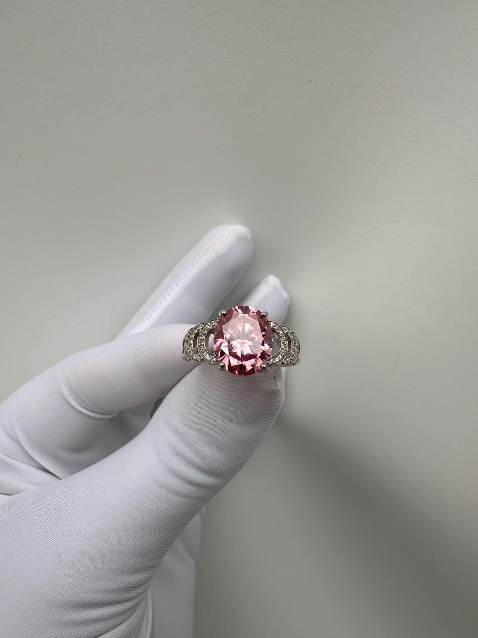 Oval Pink Moissanite Engagement Ring | 6 CT 14K White Gold Bridge Setting