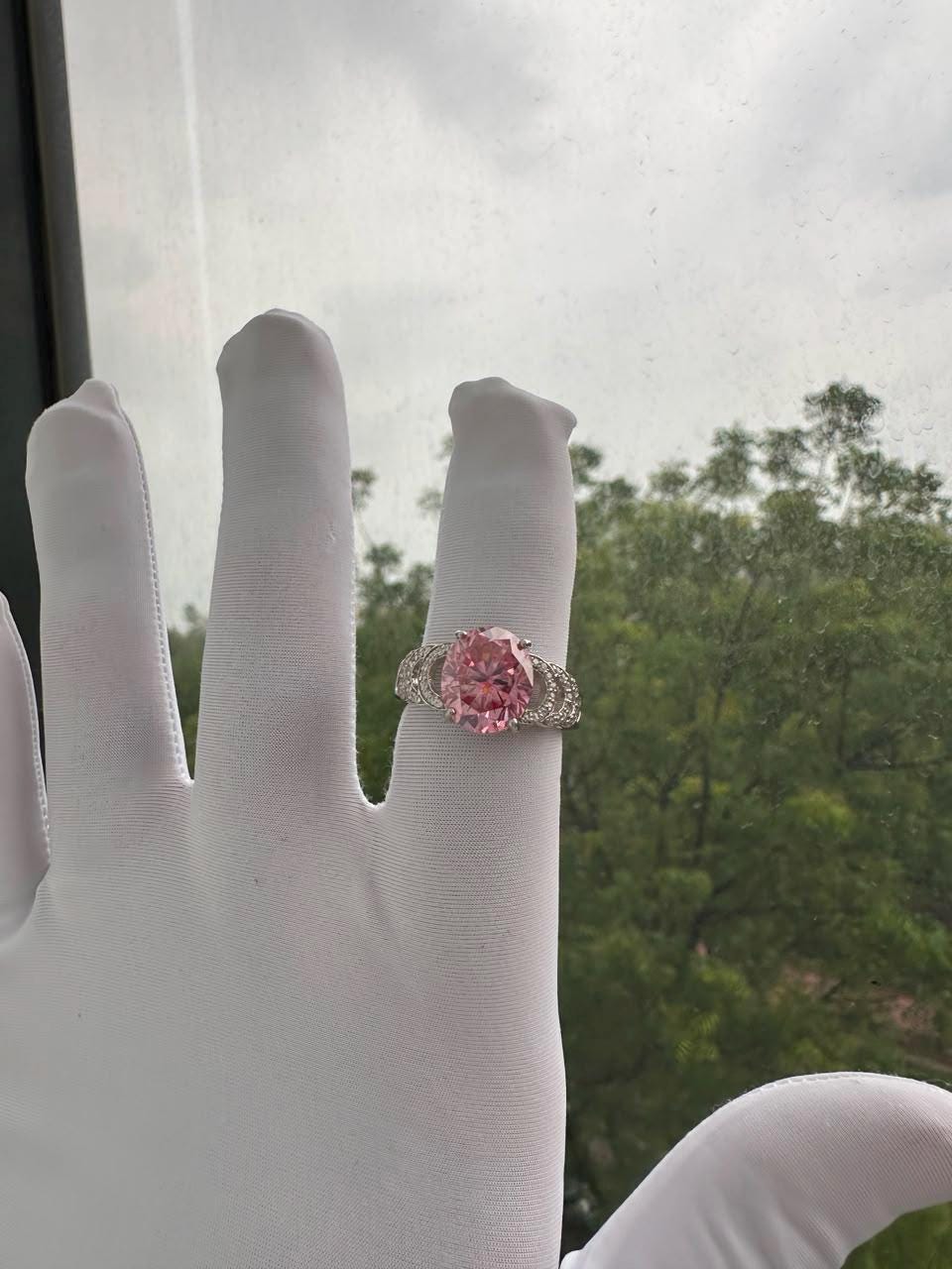 Oval Pink Moissanite Engagement Ring | 6 CT 14K White Gold Bridge Setting
