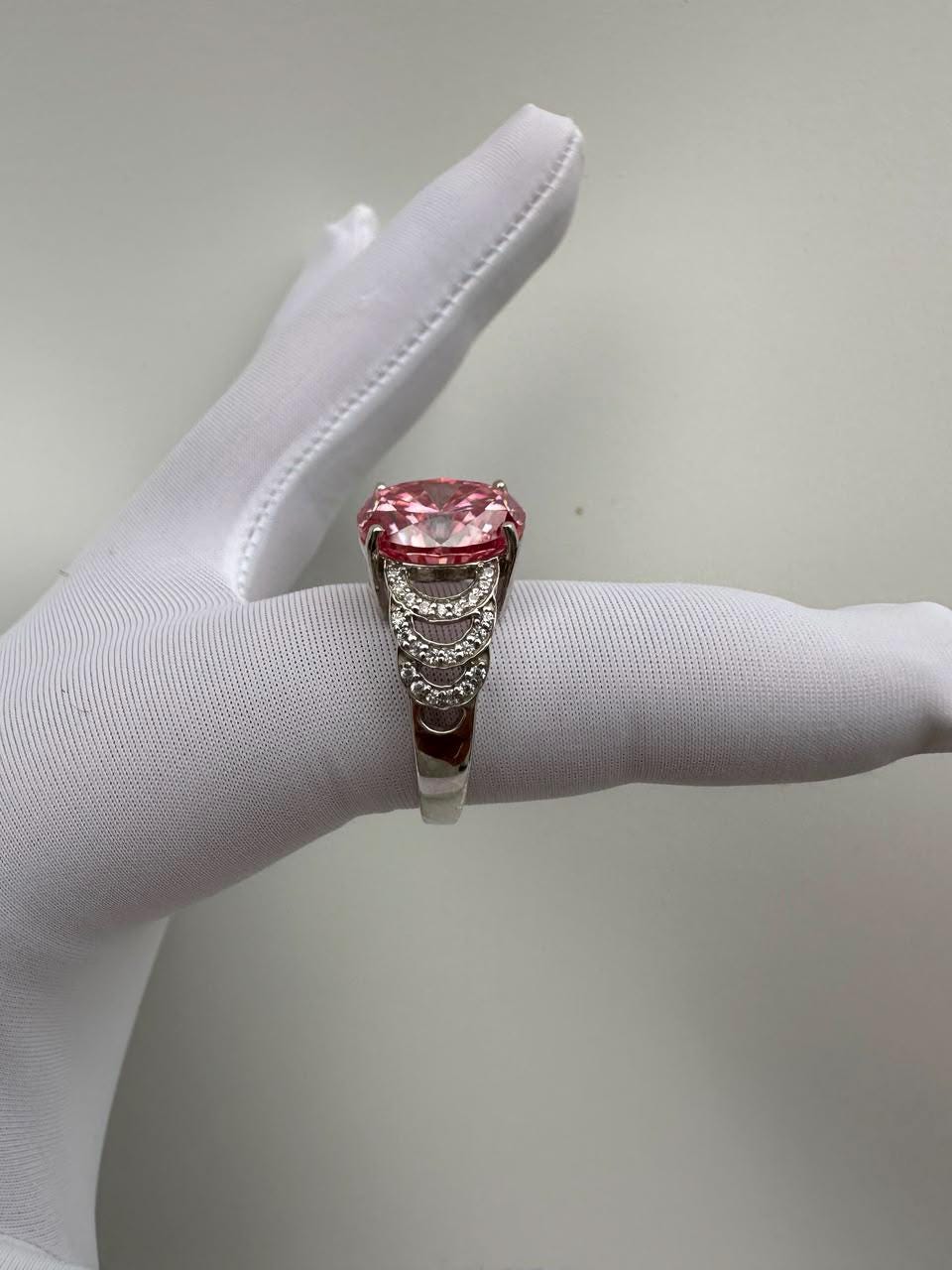 Oval Pink Moissanite Engagement Ring | 6 CT 14K White Gold Bridge Setting