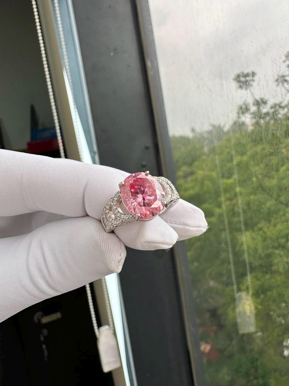 Oval Pink Moissanite Engagement Ring | 6 CT 14K White Gold Bridge Setting
