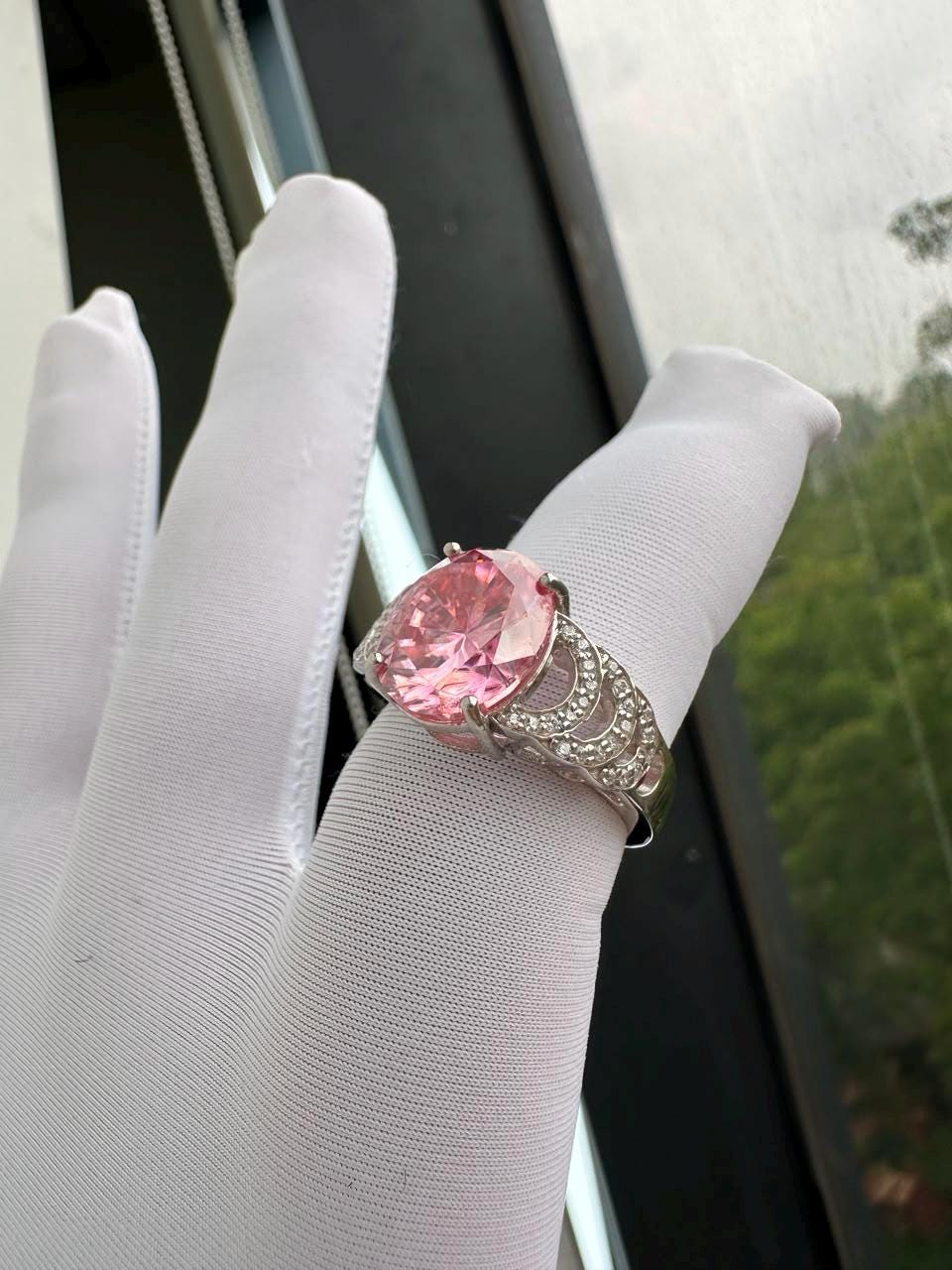 Oval Pink Moissanite Engagement Ring | 6 CT 14K White Gold Bridge Setting