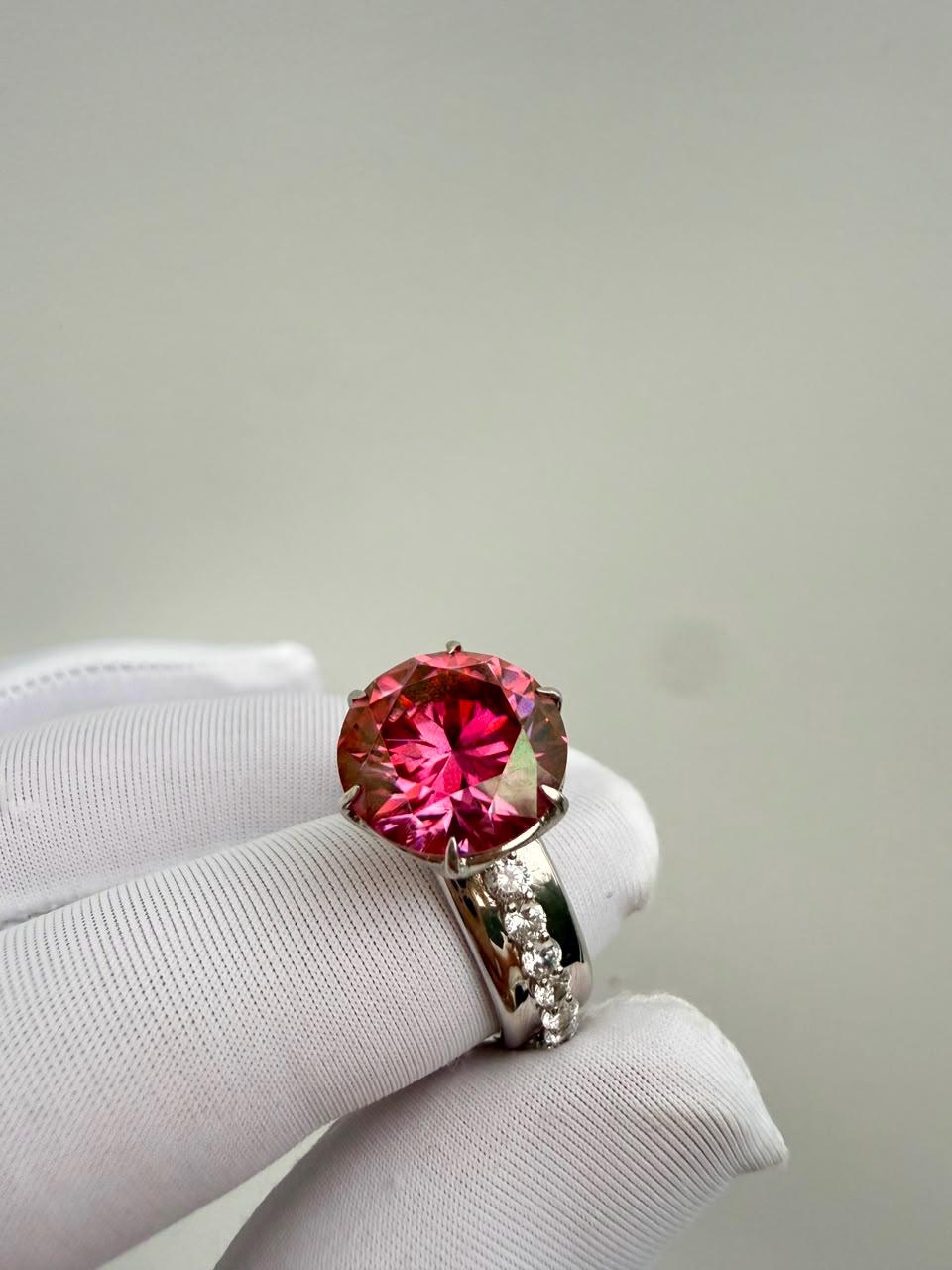 Royal Pink Moissanite Engagement Ring | 5 CT Lotus Crown, 14K White Gold